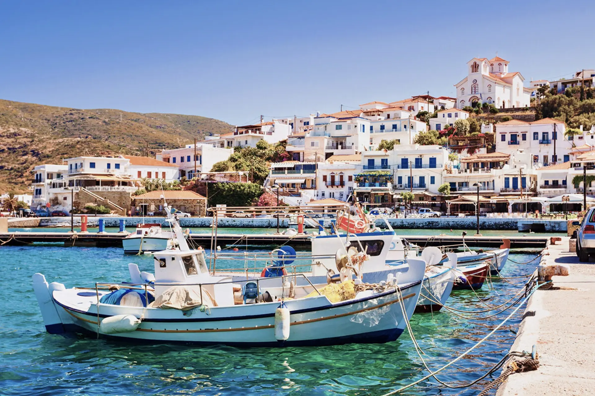 Andros harbor with traditional boats